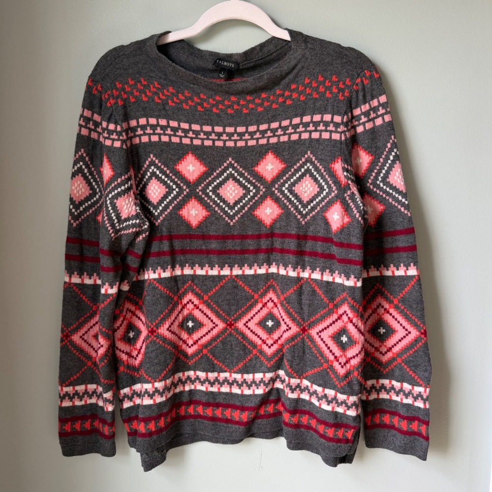 Talbots Fair Isle Geometric Sweater Wool Blend Gray Pink Crew Neck Size Large